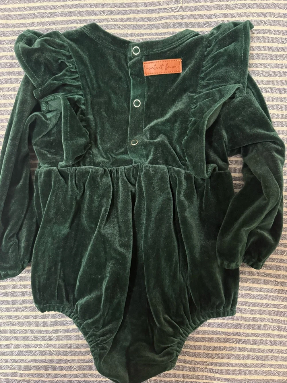 Velvet Fawn Ruffle Baby Romper in Deep Green